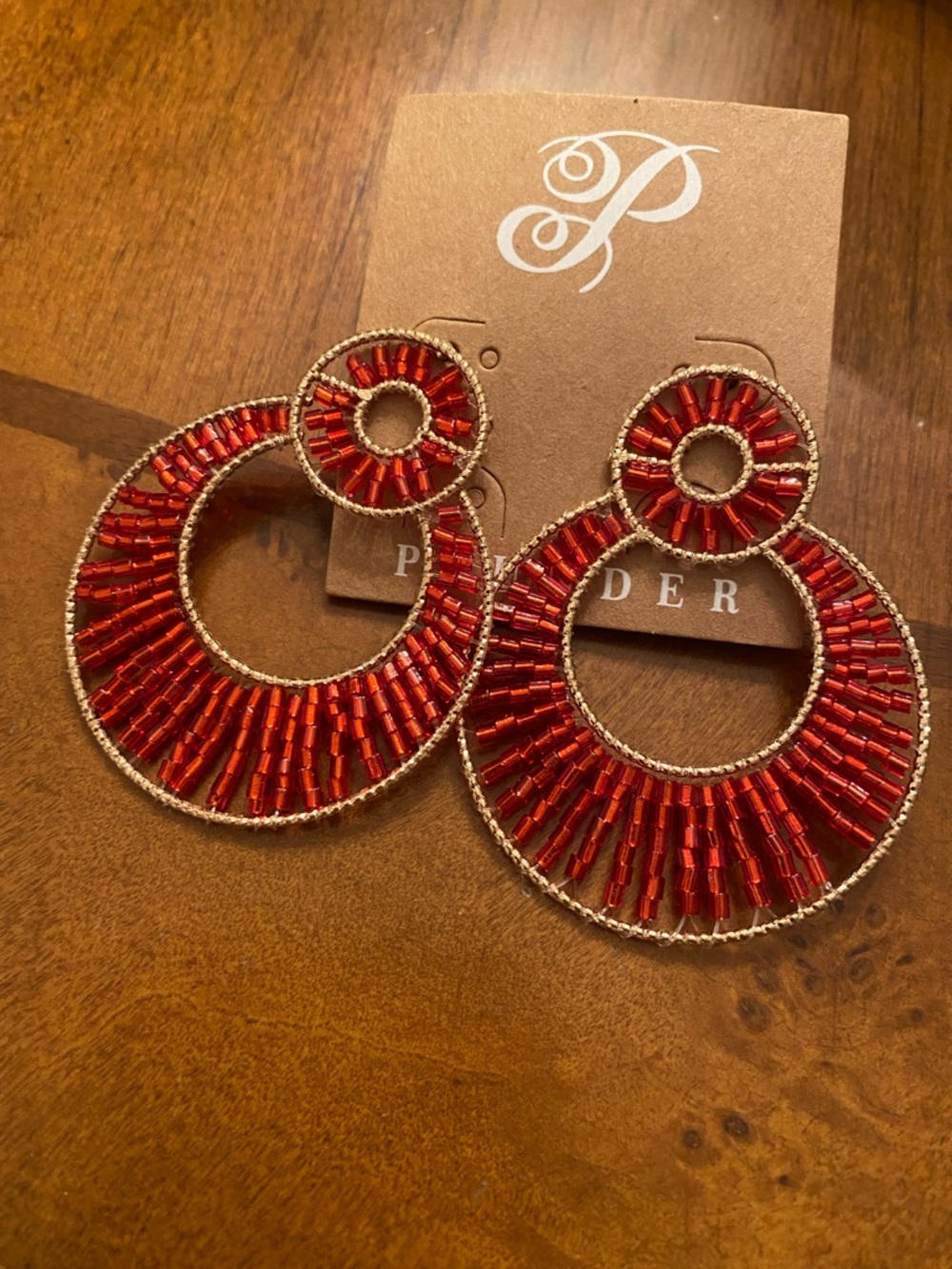 Plunder Red Beaded Double Hoop Earrings with Gold Trim